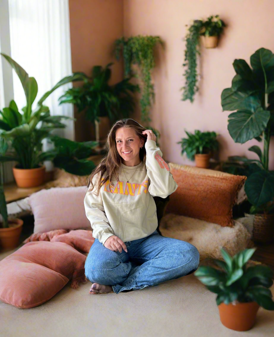 Plants. Crew Neck in Sandshell w/ Puff Print in Orange + Pink