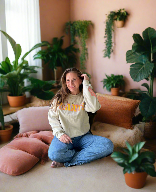 Plants. Crew Neck in Sandshell w/ Puff Print in Orange + Pink