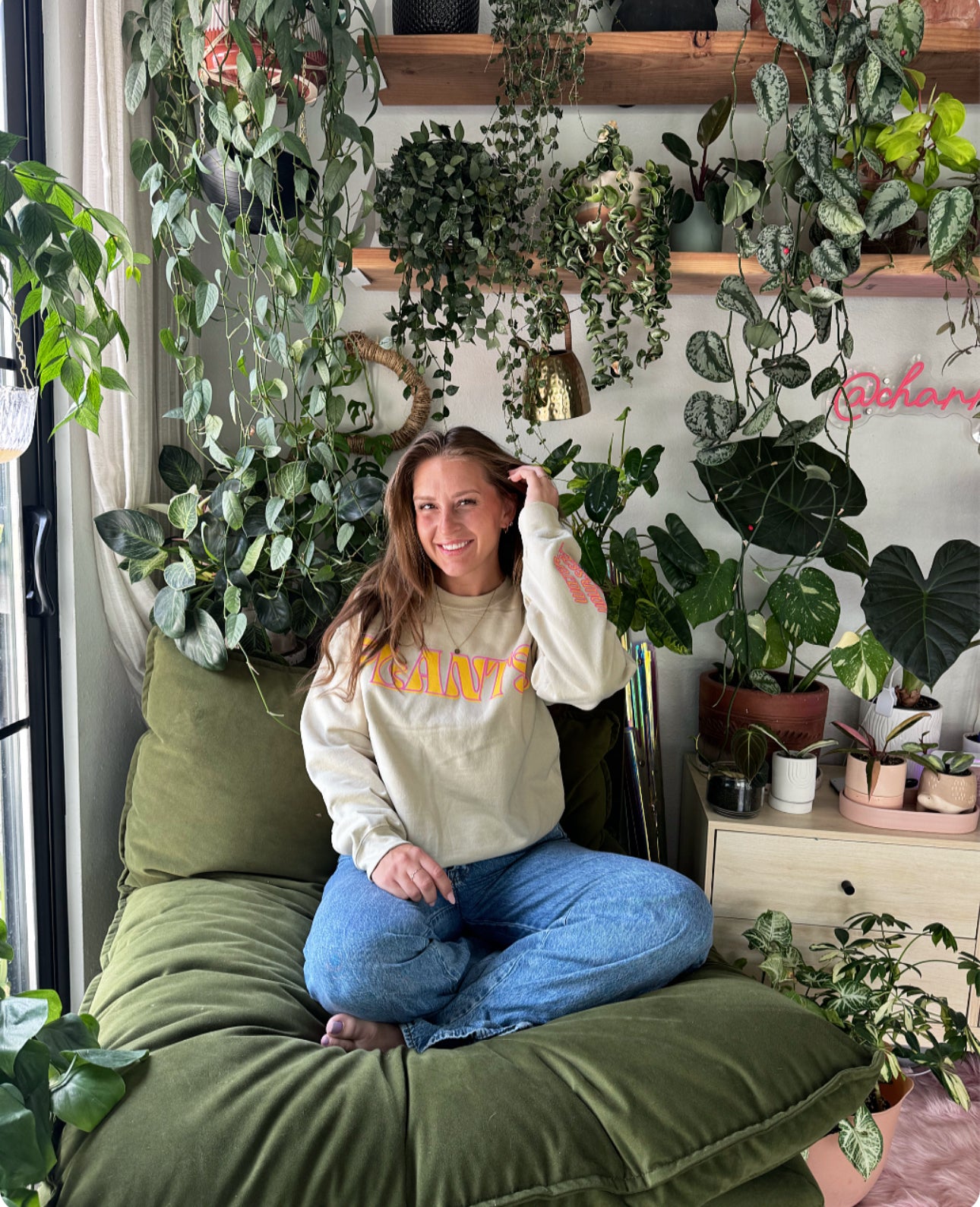 Plants. Crew Neck in Sandshell w/ Puff Print in Orange + Pink