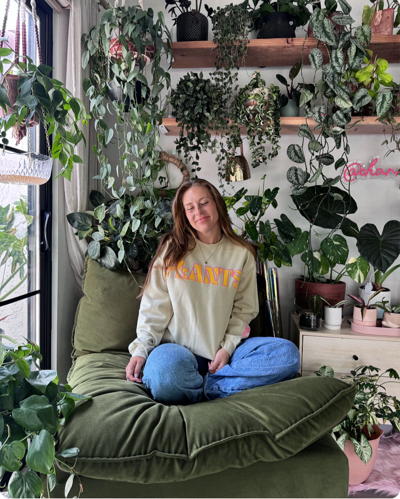 Plants. Crew Neck in Sandshell w/ Puff Print in Orange + Pink