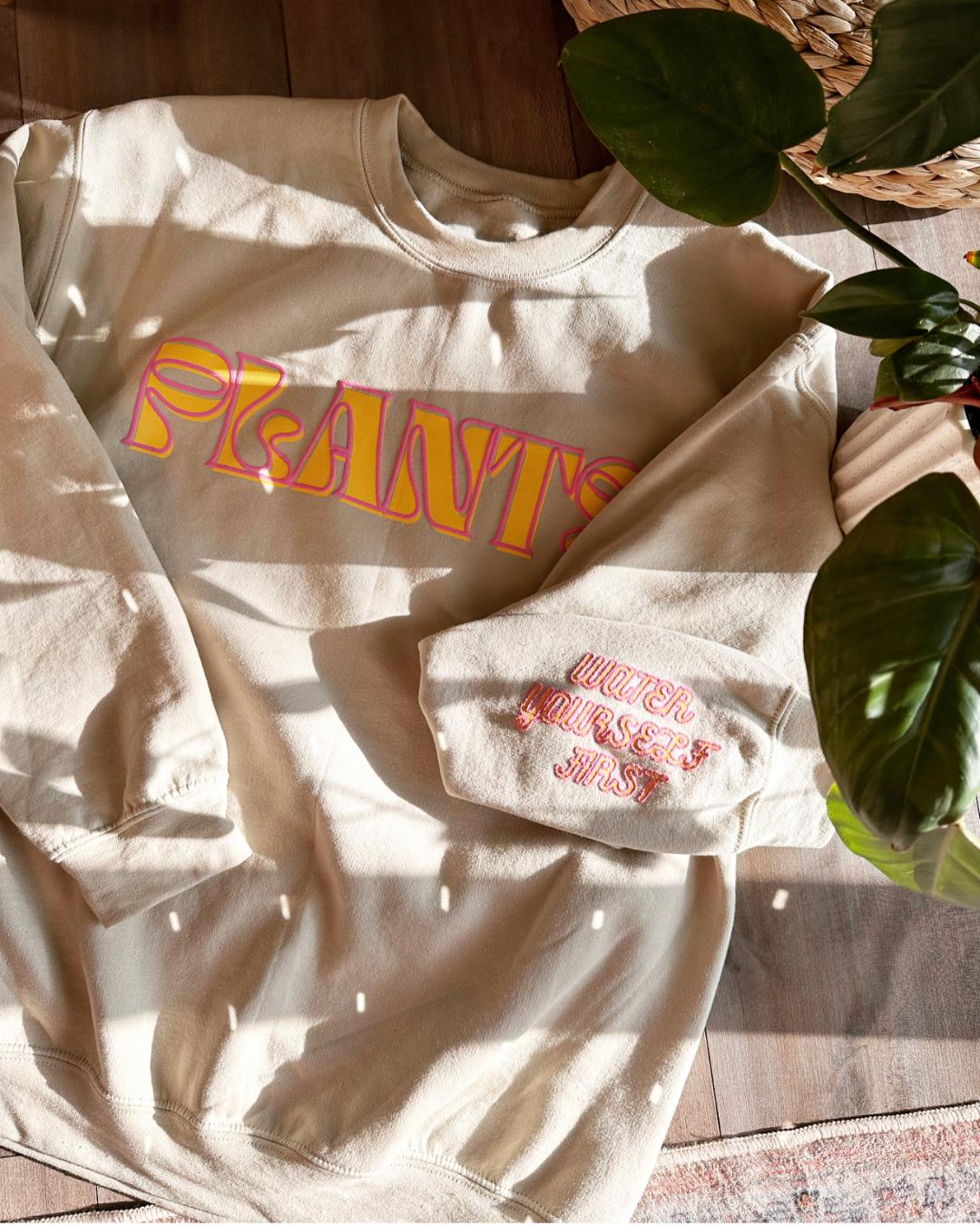 Plants. Crew Neck in Sandshell w/ Puff Print in Orange + Pink