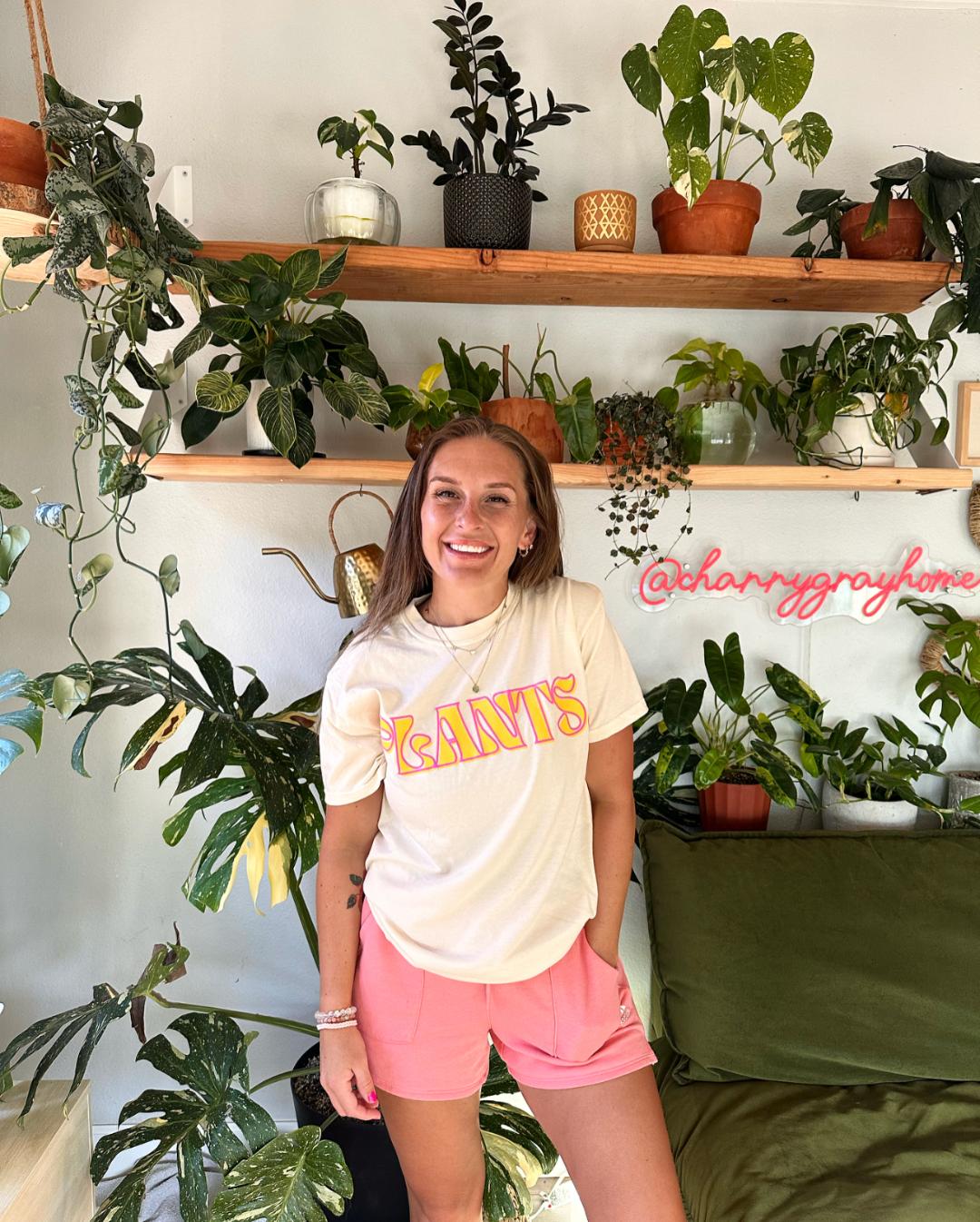 Plants. T-shirt in Ivory w/ Puff Print in Pink + Orange