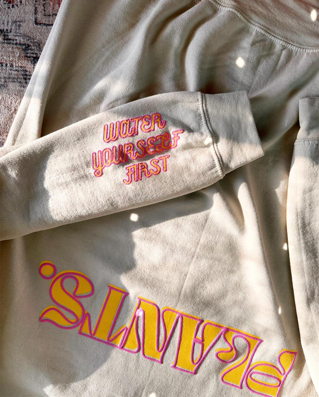 Plants. Crew Neck in Sandshell w/ Puff Print in Orange + Pink