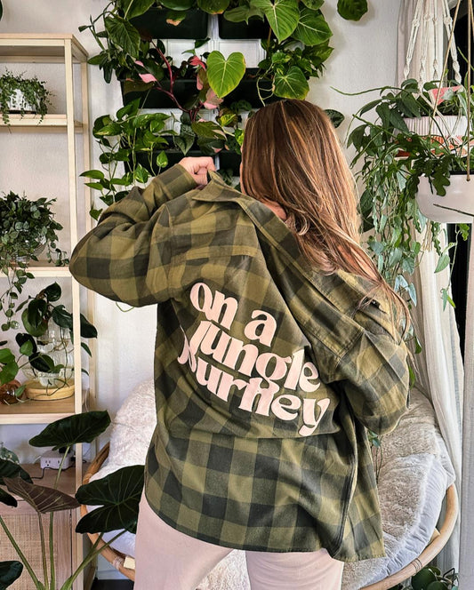 On a Jungle Journey Flannel in Moss w/ Puff Print in Light Brown