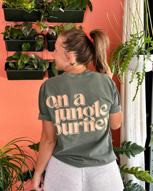 On a Jungle Journey T-Shirt in Moss w/ Puff Print in Peach